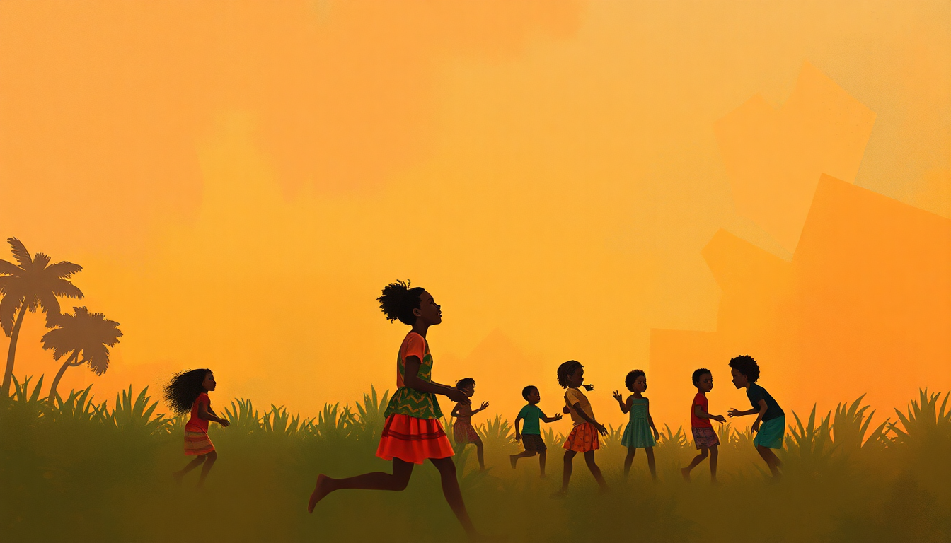Fan-driven abstract illustration evoking the emotional arc of African Playground by Putumayo Kids