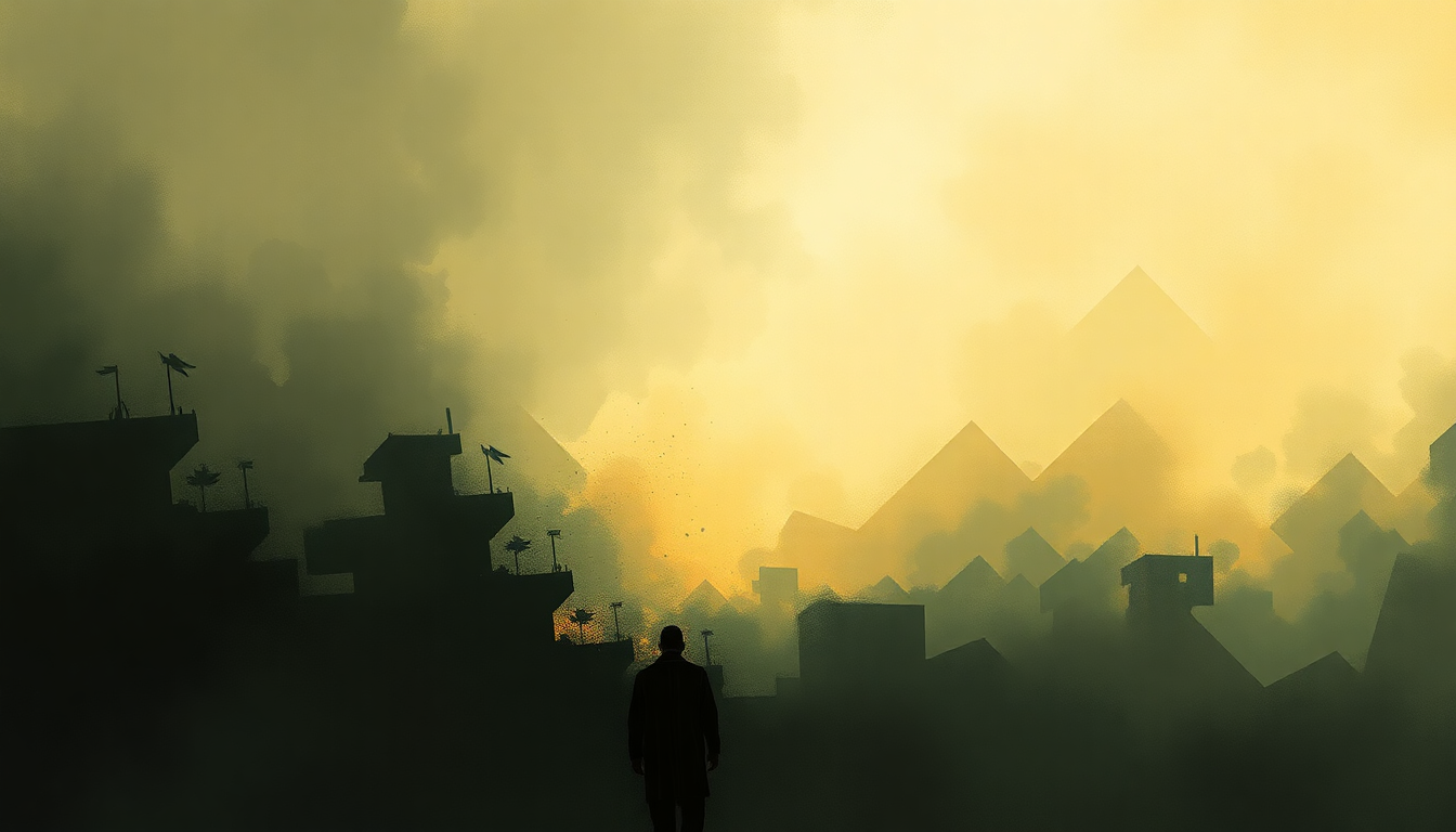 Fan-driven abstract illustration evoking the emotional arc of B.O.B. (Bombs Over Baghdad) by Outkast