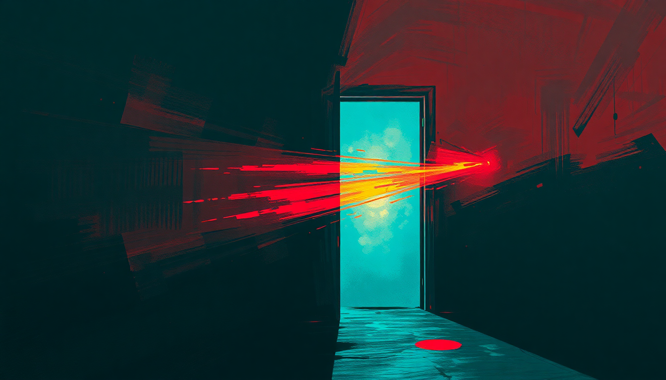 Fan-driven abstract illustration evoking the emotional arc of Behind the Door by Circle Jerks