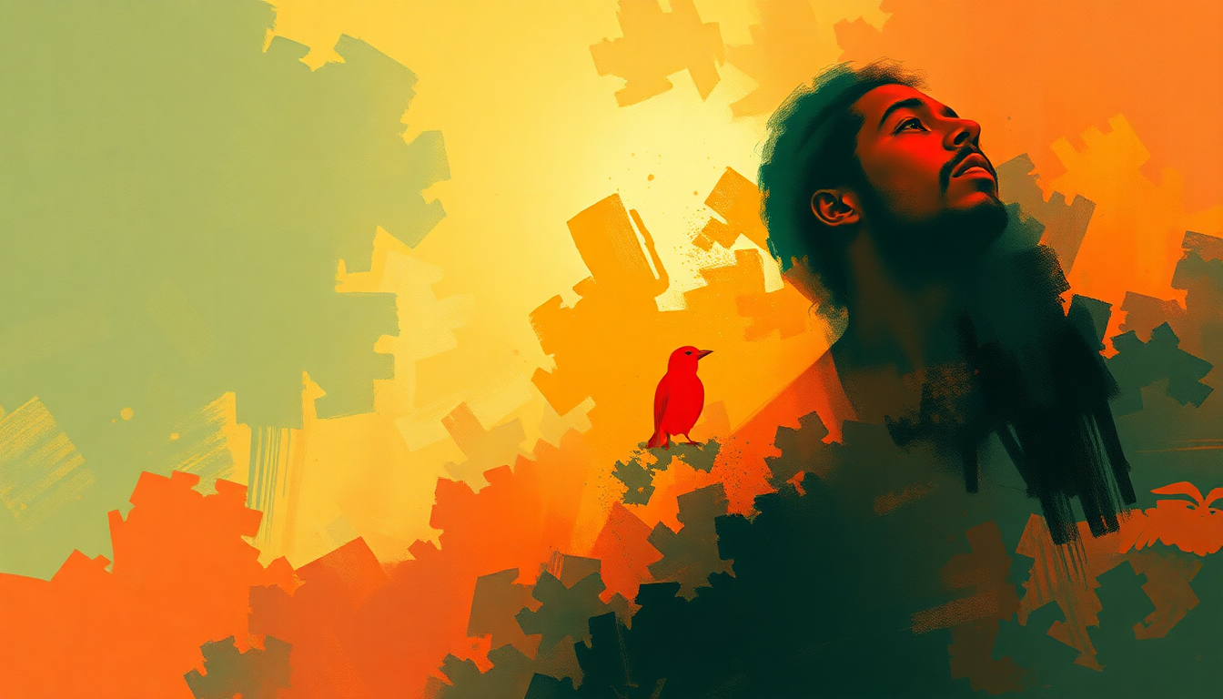 Fan-driven abstract illustration evoking the emotional arc of Bird in Hand by Lee "Scratch" Perry