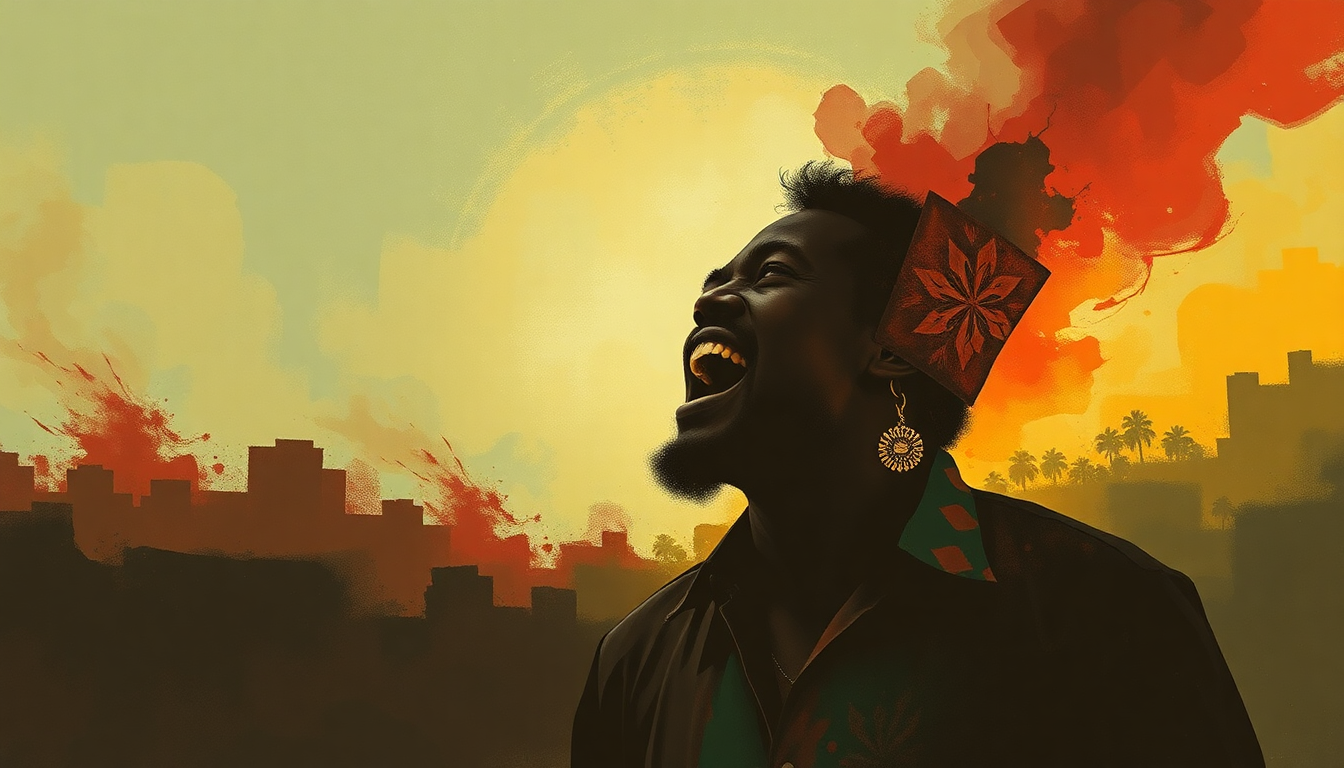 Fan-driven abstract illustration evoking the emotional arc of Black Man's Cry by Fela Kuti