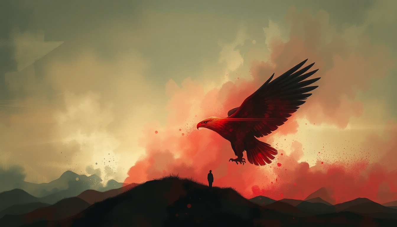 Fan-driven abstract illustration evoking the emotional arc of Blood Eagle Wings by Anthrax