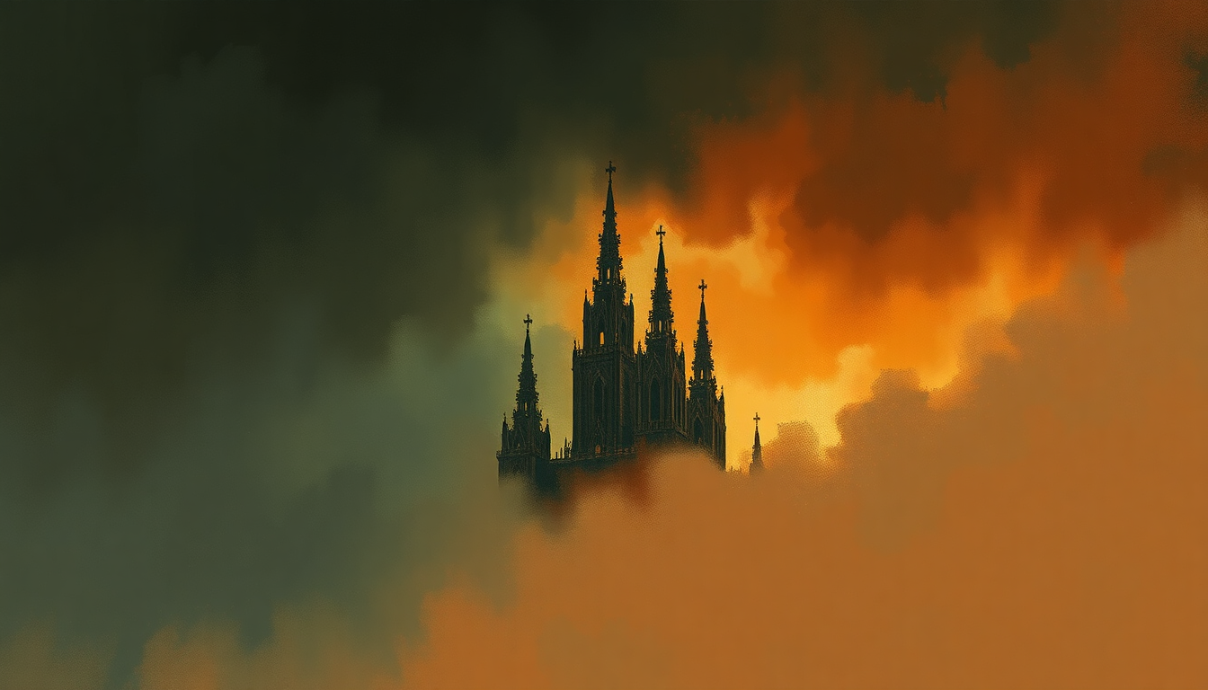 Fan-driven abstract illustration evoking the emotional arc of Cathedral Spires by Judas Priest