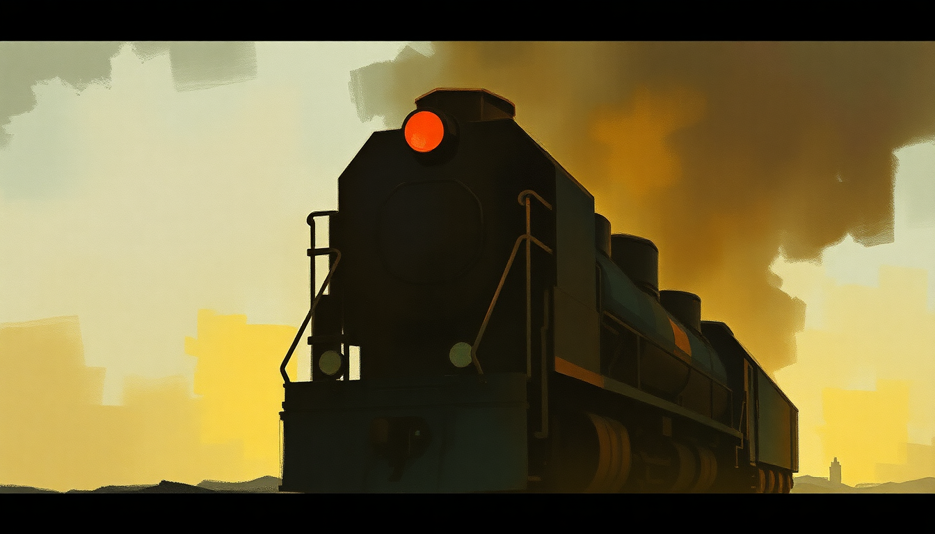 Fan-driven abstract illustration evoking the emotional arc of Coal Train by Hugh Masekela