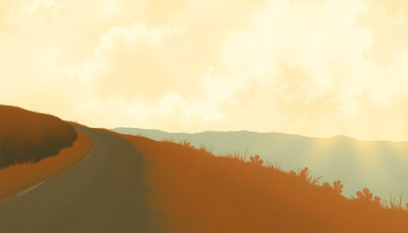 Fan-driven abstract illustration evoking the emotional arc of Country Road by James Taylor