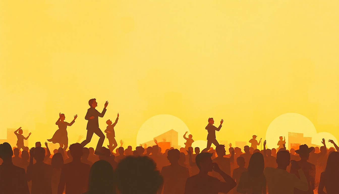 Fan-driven abstract illustration evoking the emotional arc of Dance to the Music by Sly and the Family Stone