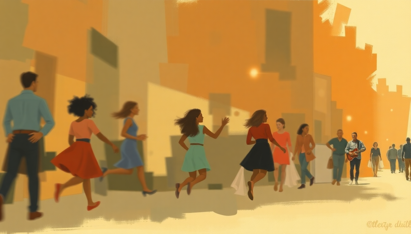 Fan-driven abstract illustration evoking the emotional arc of Dancing in the Street by Martha and the Vandellas