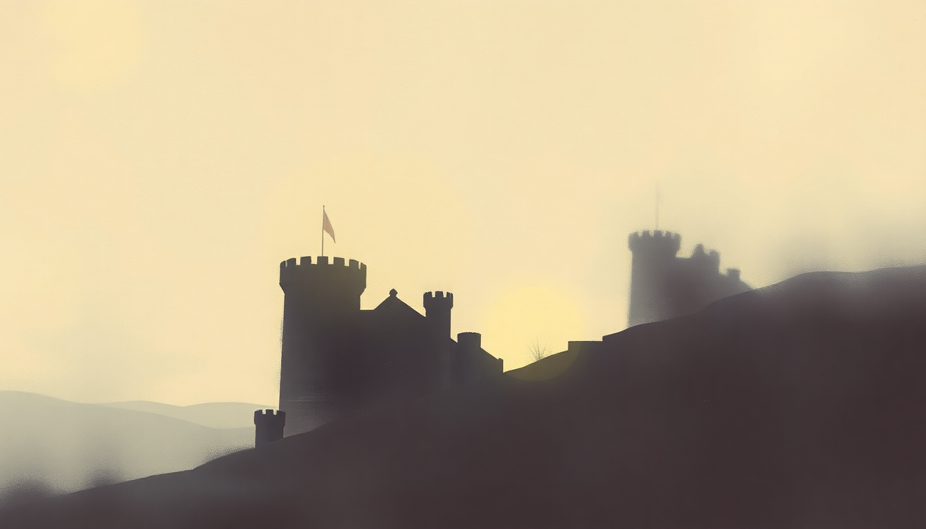 Fan-driven abstract illustration evoking the emotional arc of Darby's Castle by Kris Kristofferson