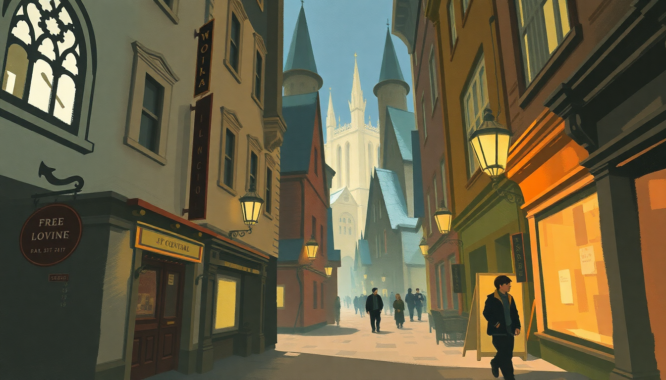 Fan-driven abstract illustration evoking the emotional arc of Diagon Alley and the Gringotts Vault by John Williams