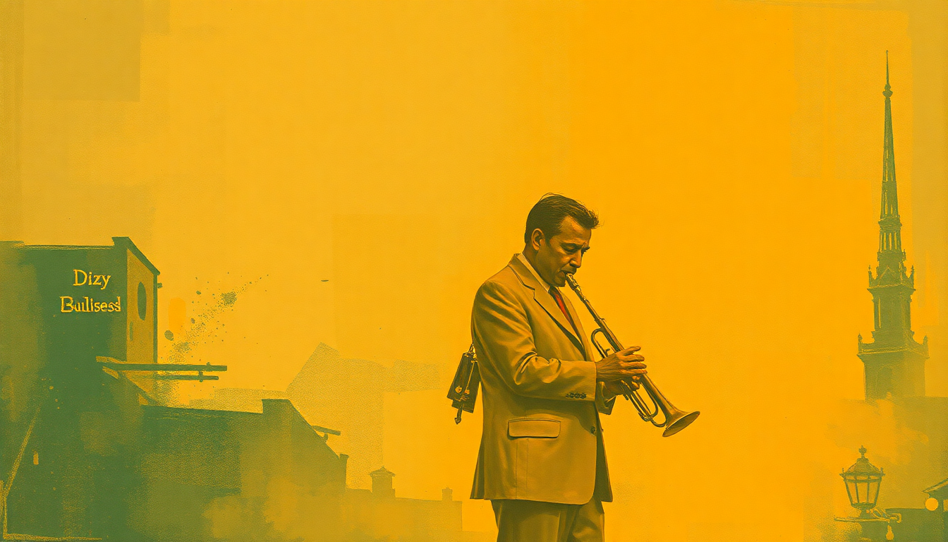 Fan-driven abstract illustration evoking the emotional arc of Dizzy's Business by Dizzy Gillespie