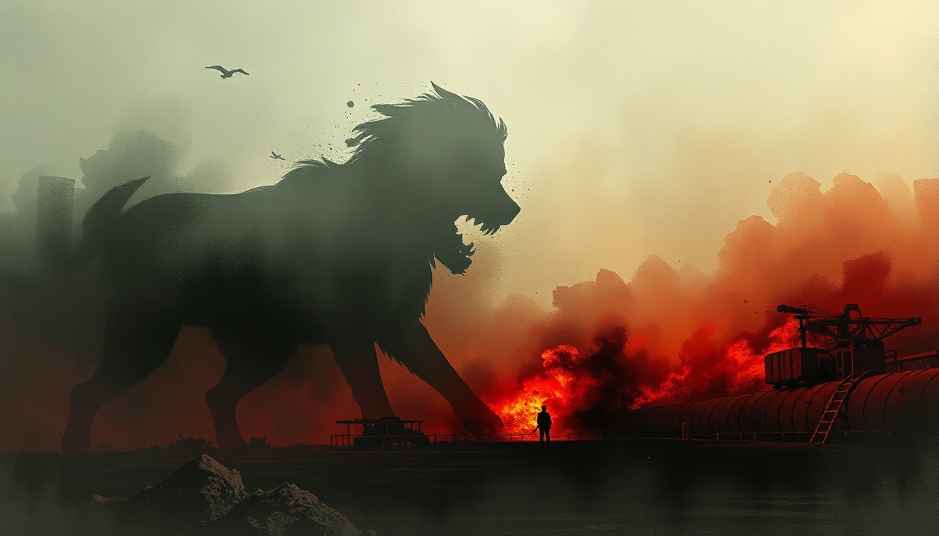 Fan-driven abstract illustration evoking the emotional arc of Dogs of War by AC/DC