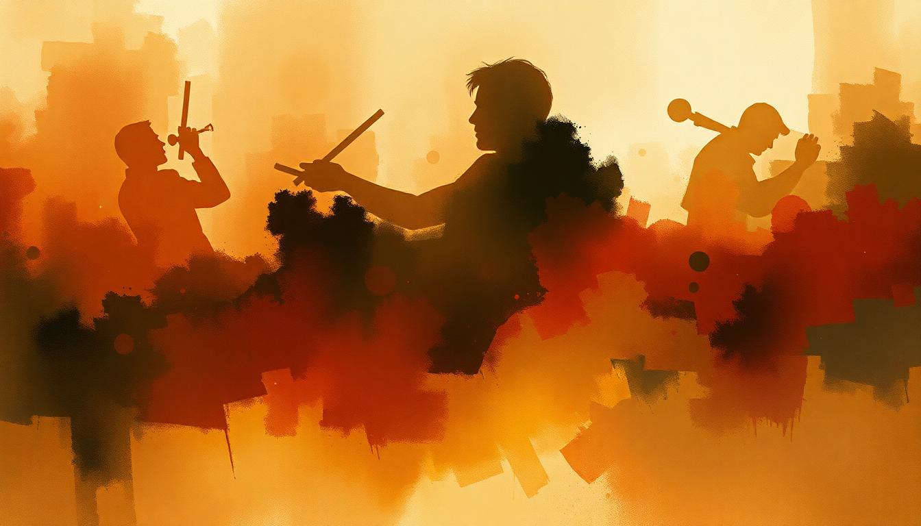 Fan-driven abstract illustration evoking the emotional arc of Drum Thunder Suite by Art Blakey