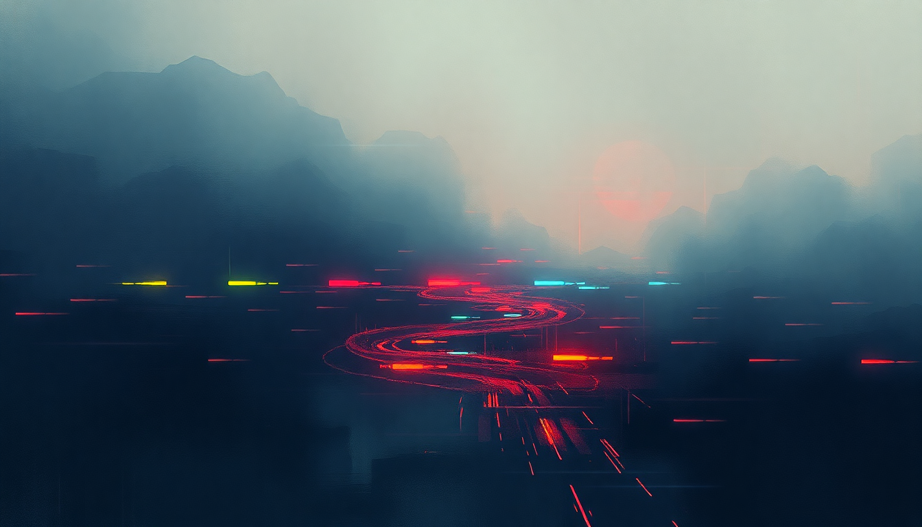 Fan-driven abstract illustration evoking the emotional arc of Electric Counterpoint III. Fast by Steve Reich