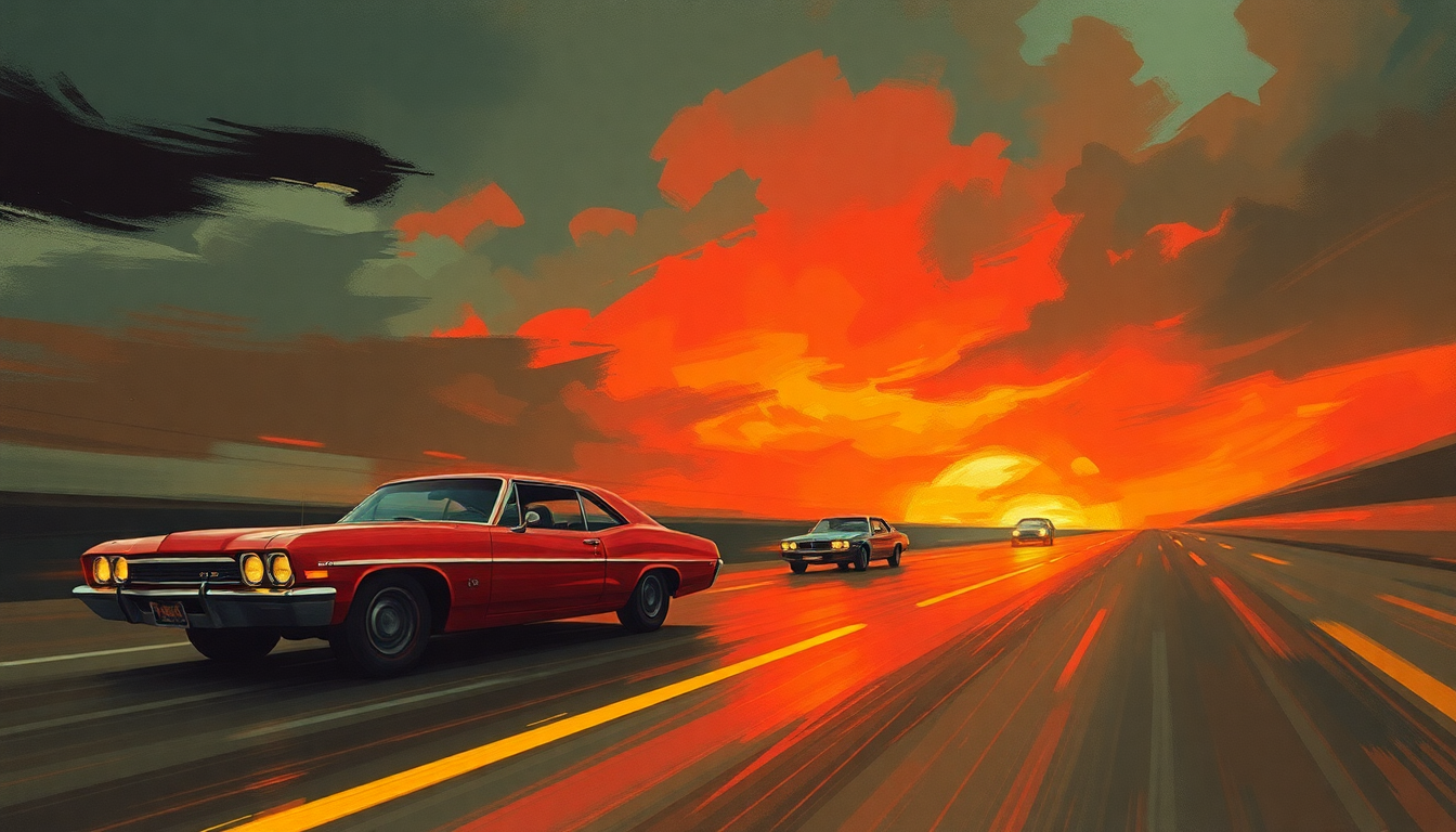 Fan-driven abstract illustration evoking the emotional arc of Fast Cars by Buzzcocks