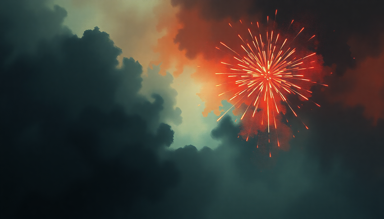 Fan-driven abstract illustration evoking the emotional arc of Fireworks by Claude Debussy