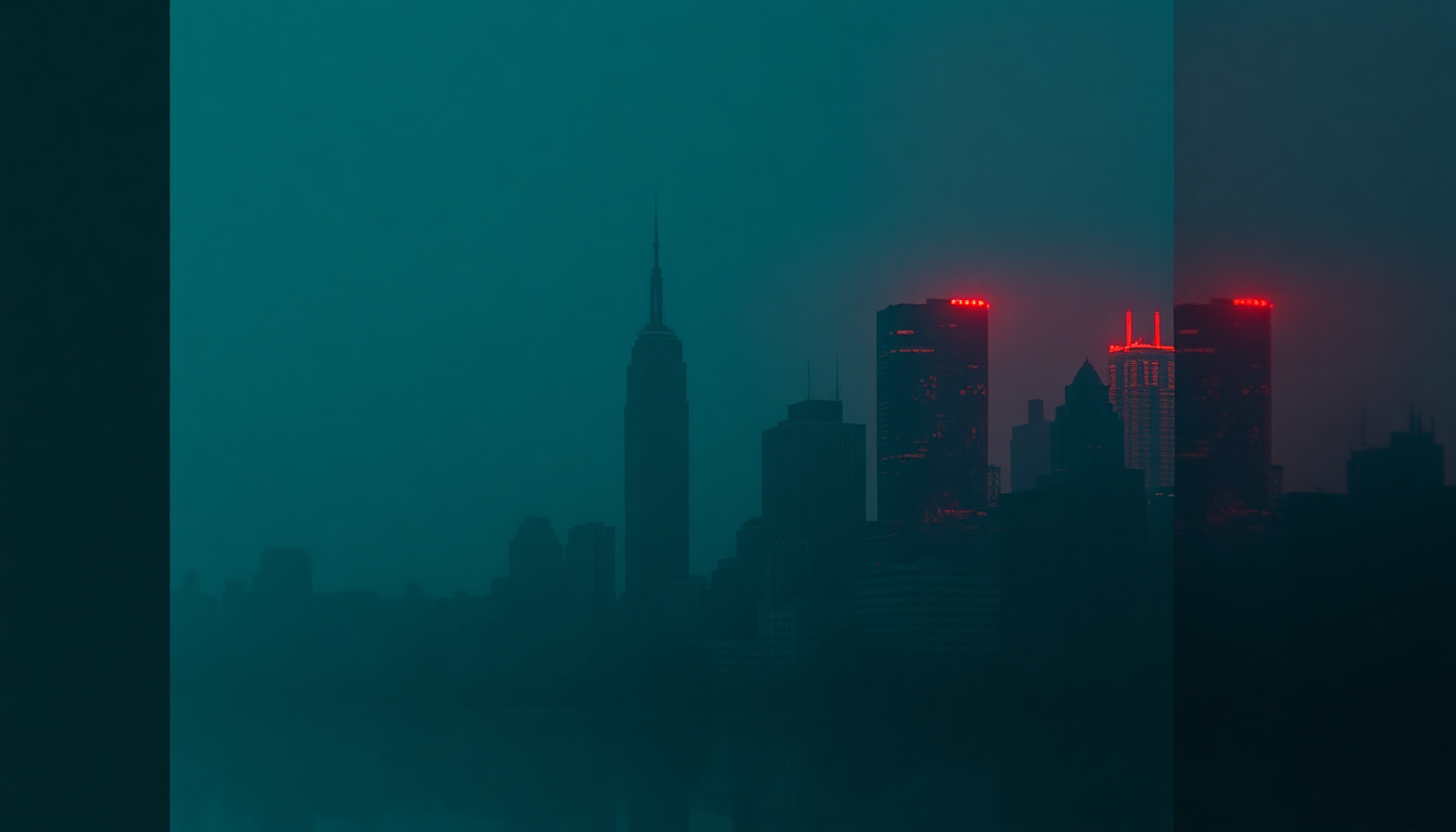 Fan-driven abstract illustration evoking the emotional arc of First We Take Manhattan by Leonard Cohen