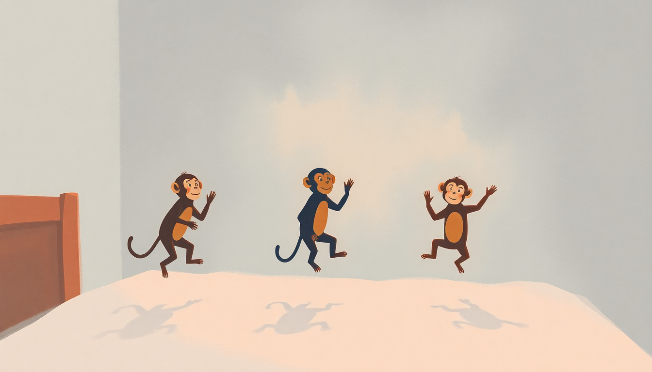 Fan-driven abstract illustration evoking the emotional arc of Five Little Monkeys Jumping on the Bed by Traditional