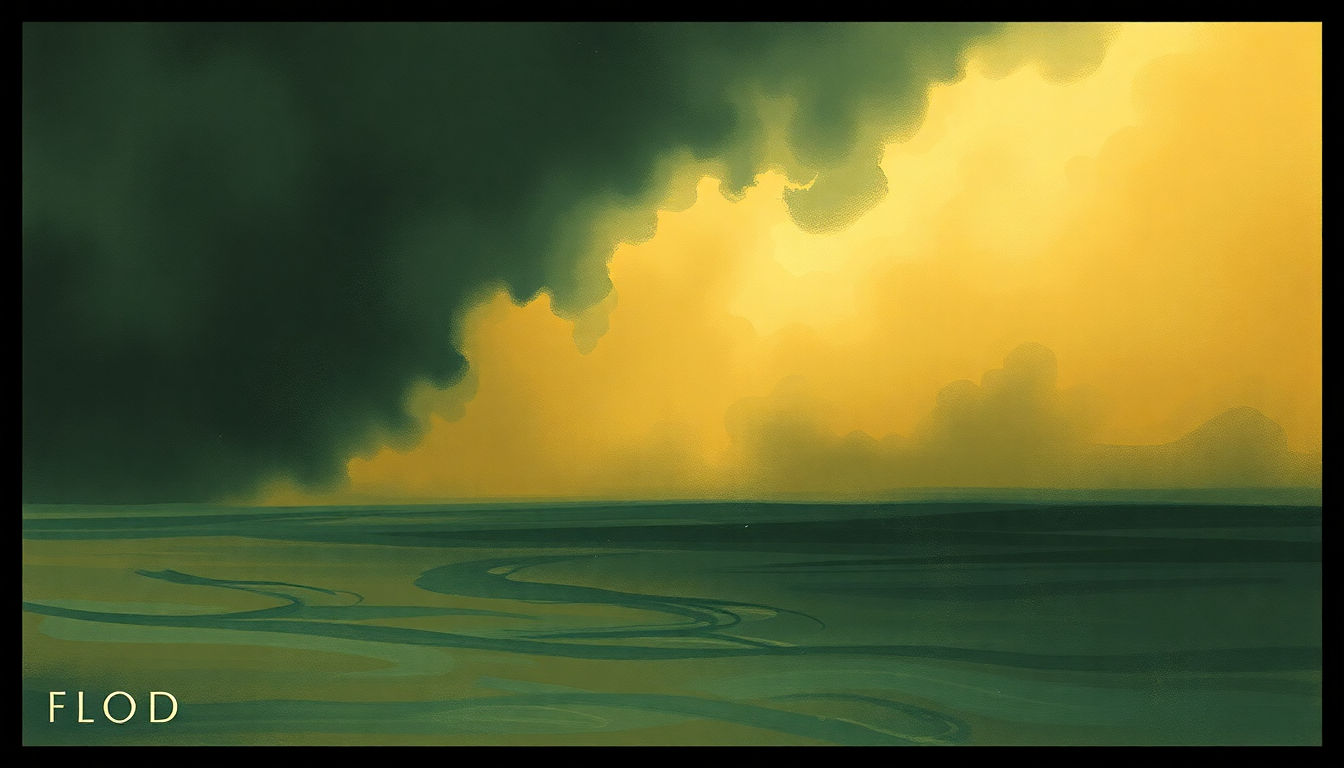 Fan-driven abstract illustration evoking the emotional arc of Flood by Tool