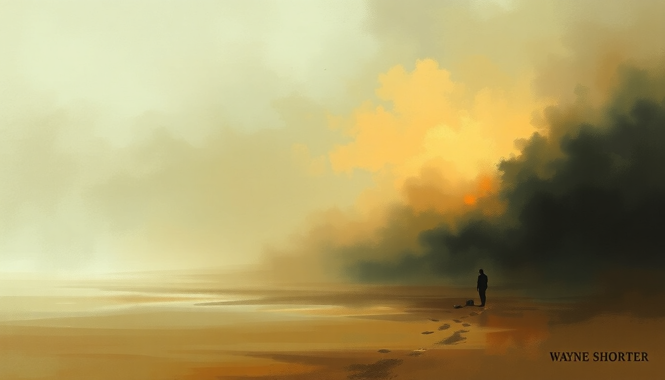 Fan-driven abstract illustration evoking the emotional arc of Footprints by Wayne Shorter