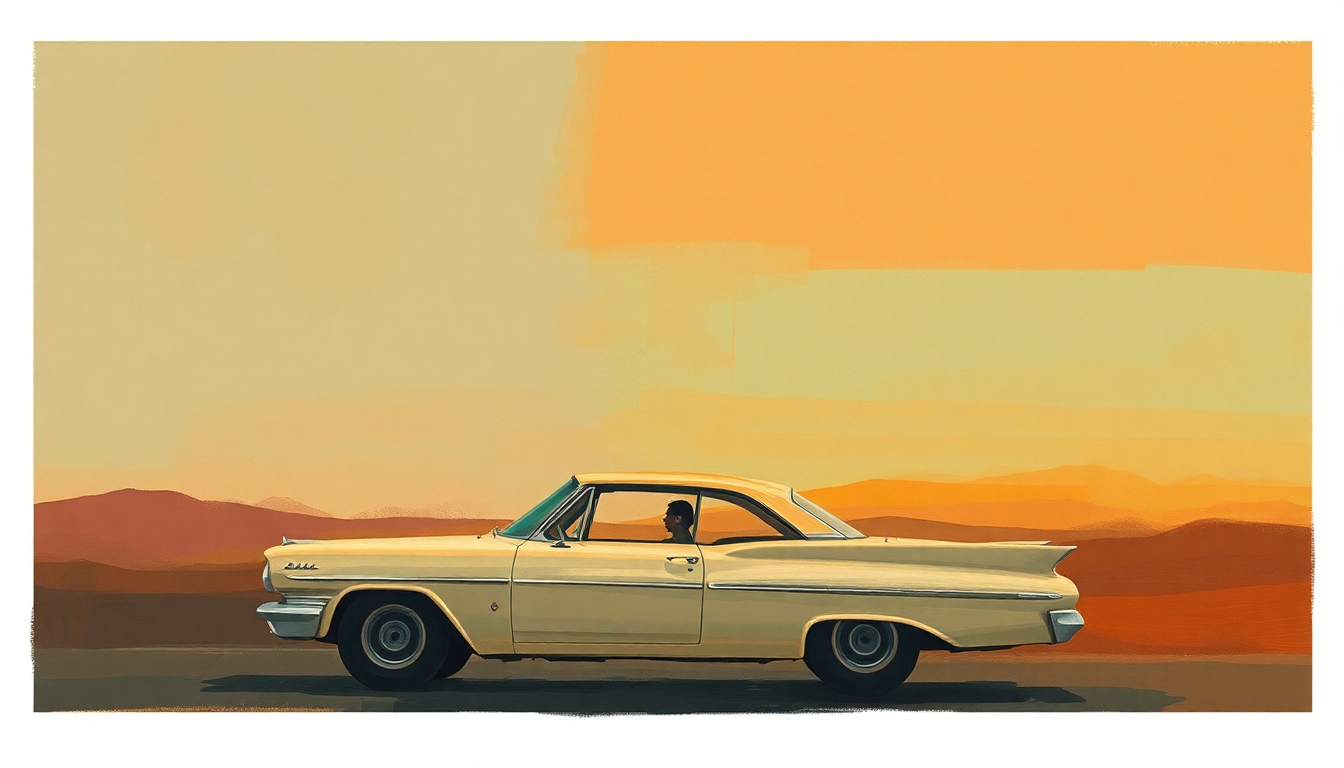 Fan-driven abstract illustration evoking the emotional arc of From a Buick 6 by Bob Dylan