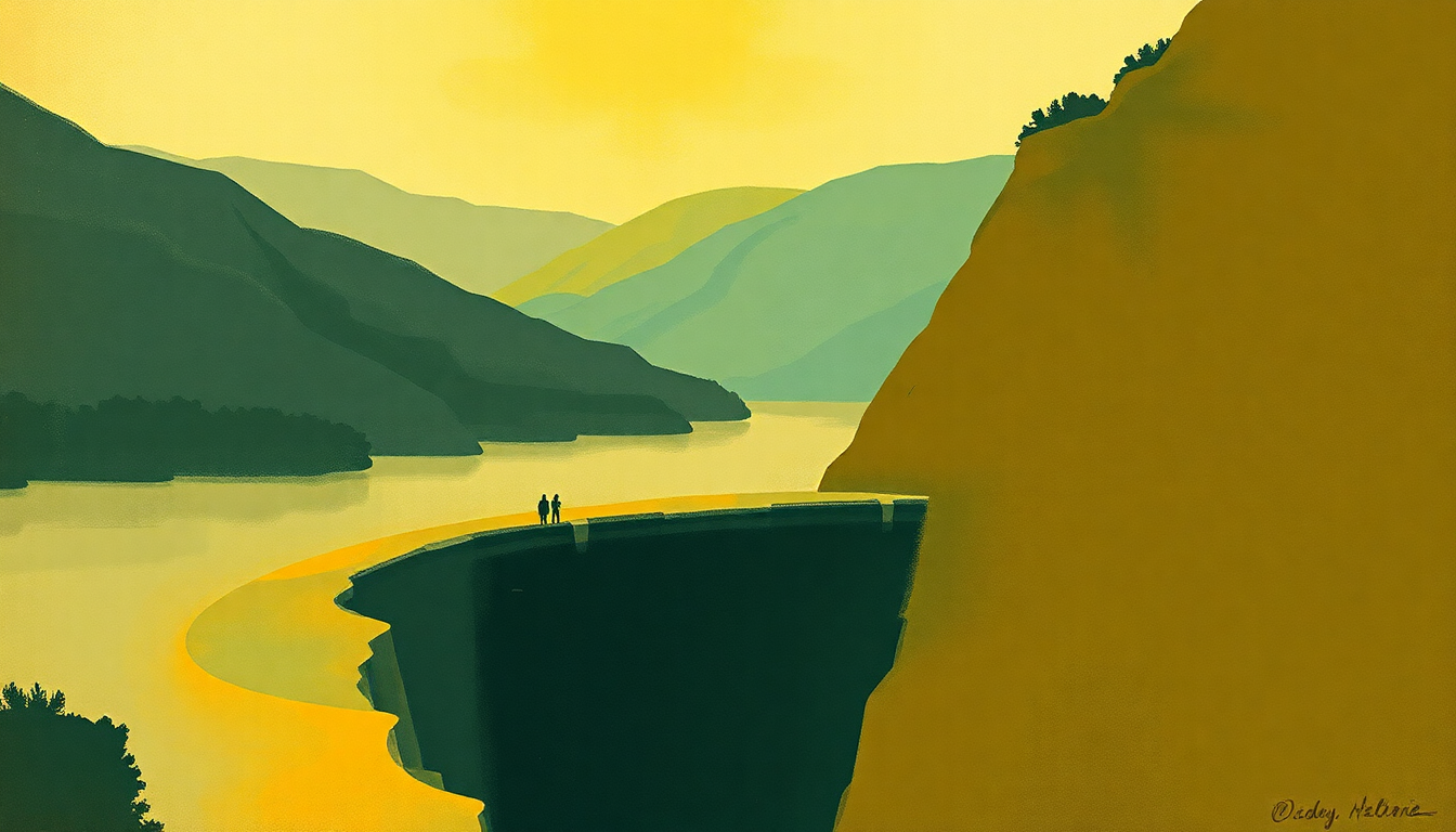 Fan-driven abstract illustration evoking the emotional arc of Grand Coulee Dam by Woody Guthrie