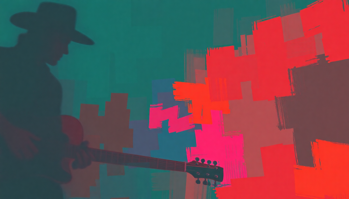 Fan-driven abstract illustration evoking the emotional arc of Guitars Cadillacs by Dwight Yoakam