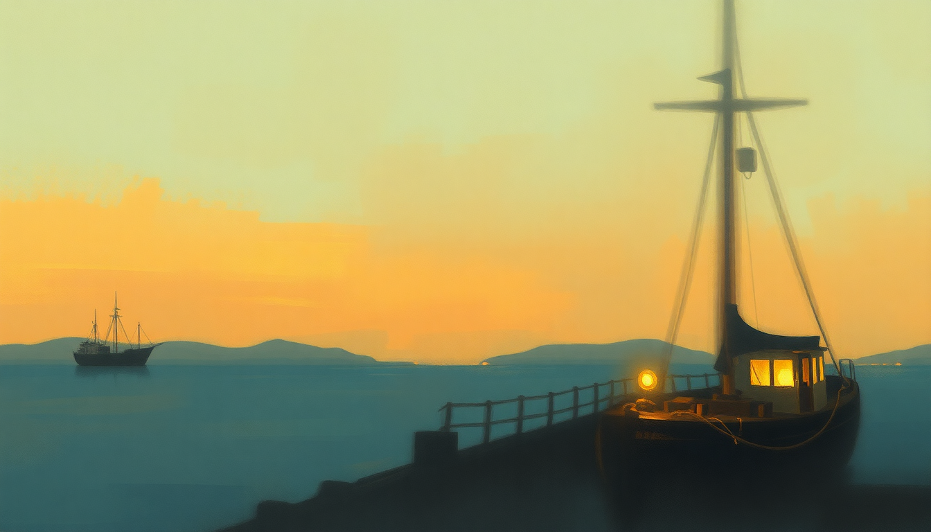 Fan-driven abstract illustration evoking the emotional arc of Harbor Lights by The Platters