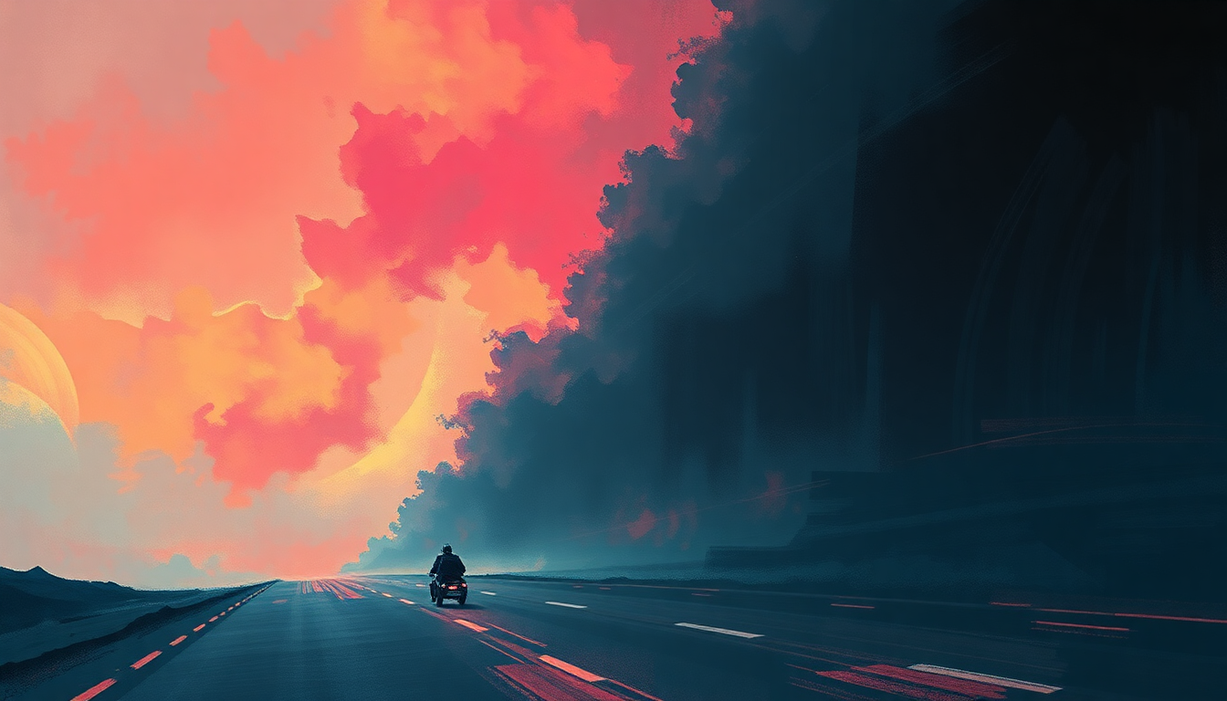 Fan-driven abstract illustration evoking the emotional arc of Heading Out to the Highway by Judas Priest
