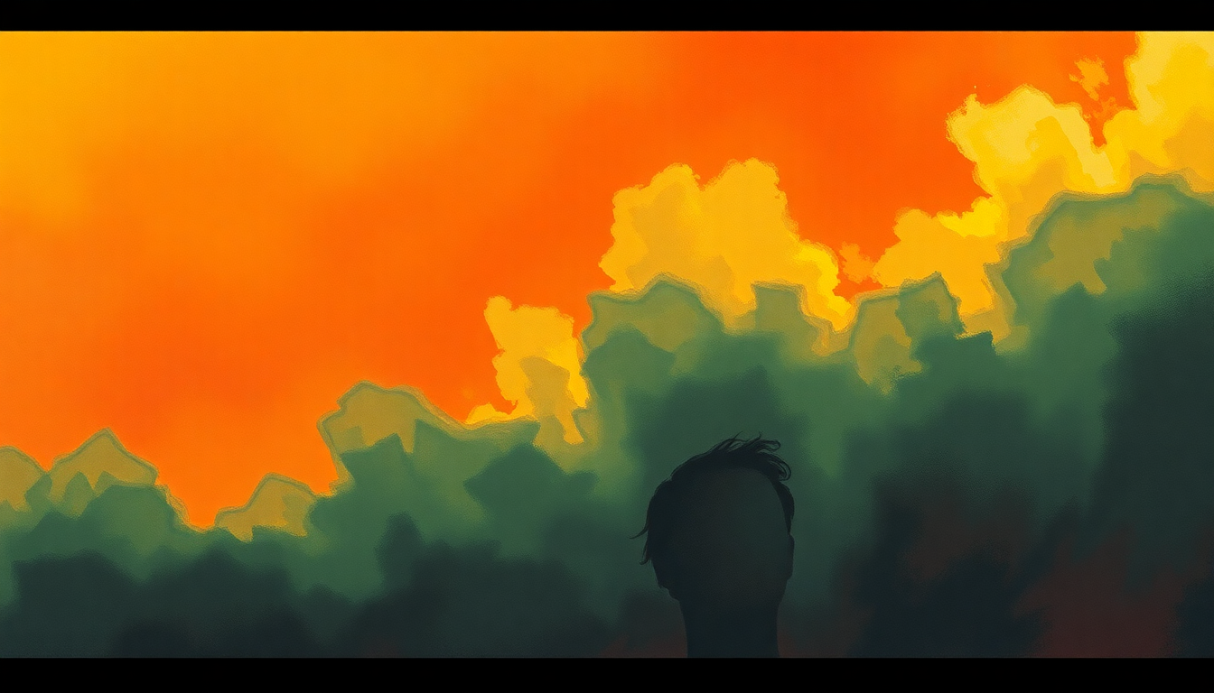 Fan-driven abstract illustration evoking the emotional arc of Here Come the Warm Jets by Brian Eno
