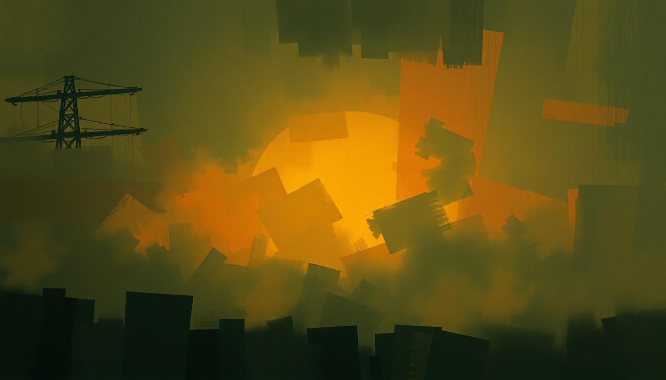 Fan-driven abstract illustration evoking the emotional arc of Hoist That Rag by Tom Waits