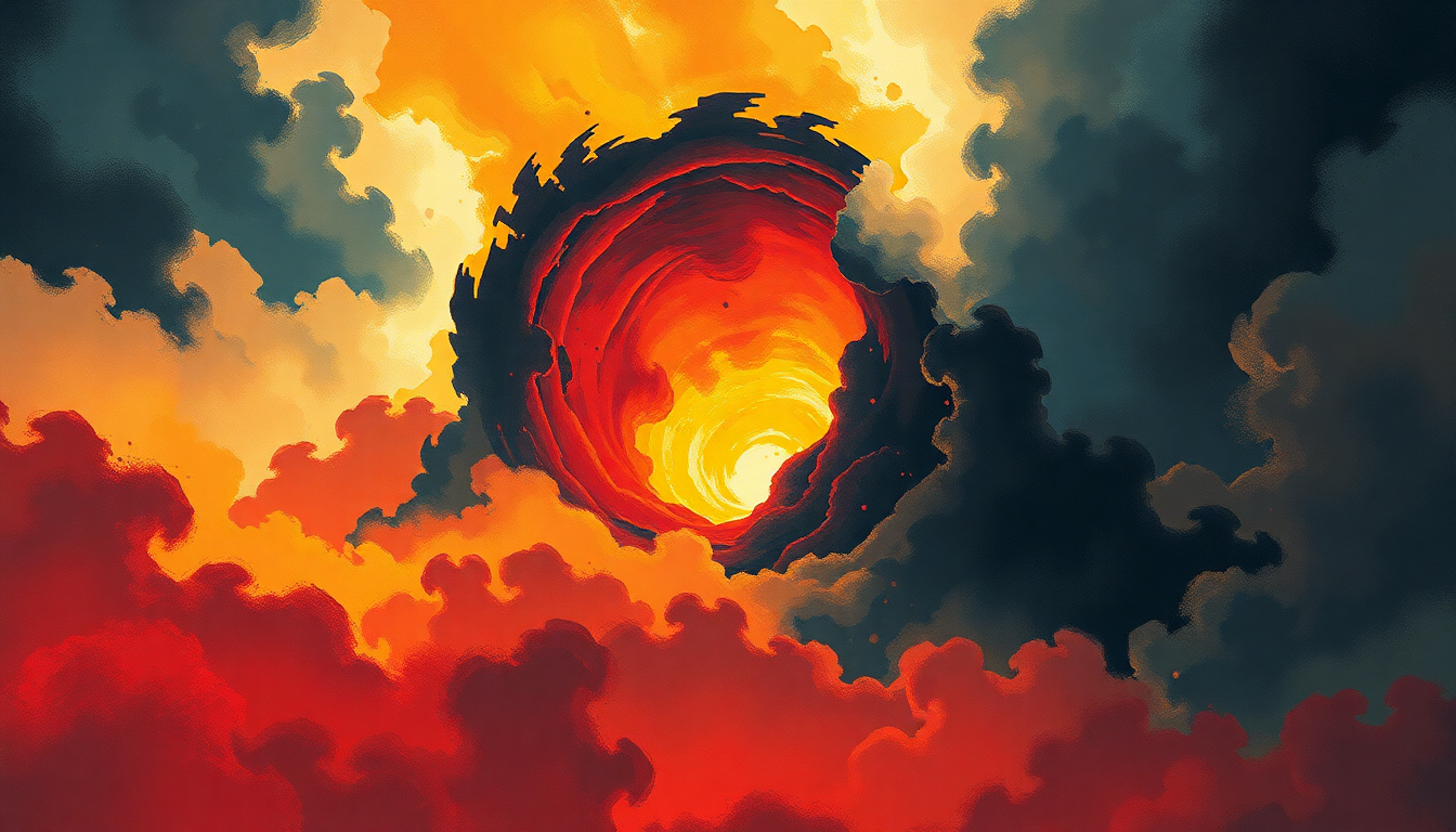 Fan-driven abstract illustration evoking the emotional arc of Hole in the Sky by Black Sabbath