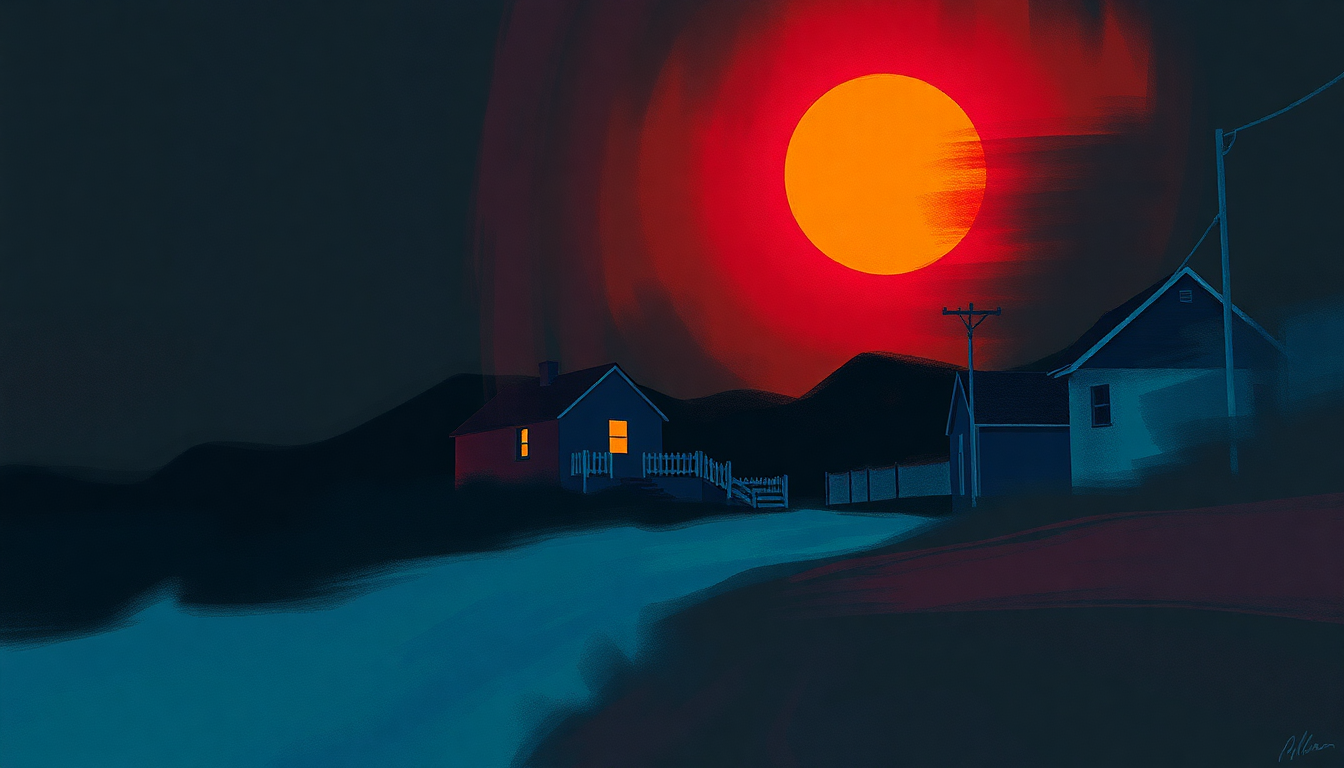 Fan-driven abstract illustration evoking the emotional arc of Houses in Motion by Talking Heads