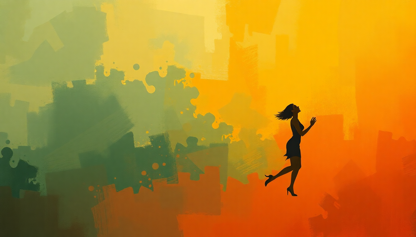 Fan-driven abstract illustration evoking the emotional arc of I Got Rhythm by Ella Fitzgerald