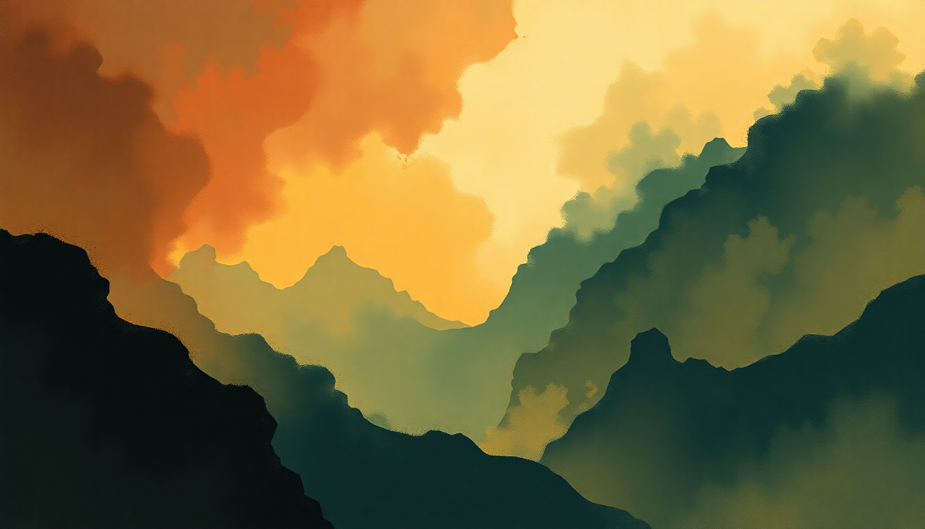 Fan-driven abstract illustration evoking the emotional arc of In the Hall of the Mountain King by Edvard Grieg