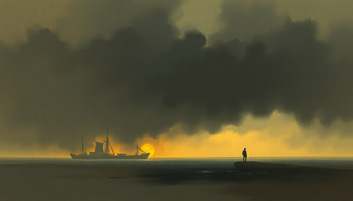 Fan-driven abstract illustration evoking the emotional arc of Isle of the Dead by Sergei Rachmaninoff