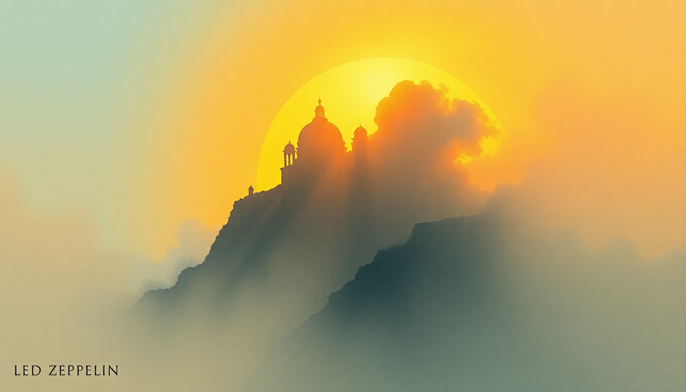 Fan-driven abstract illustration evoking the emotional arc of Kashmir by Led Zeppelin