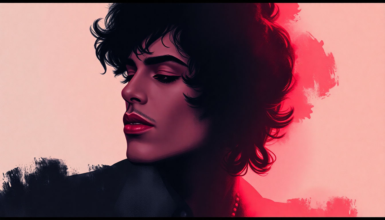Fan-driven abstract illustration evoking the emotional arc of Kiss by Prince
