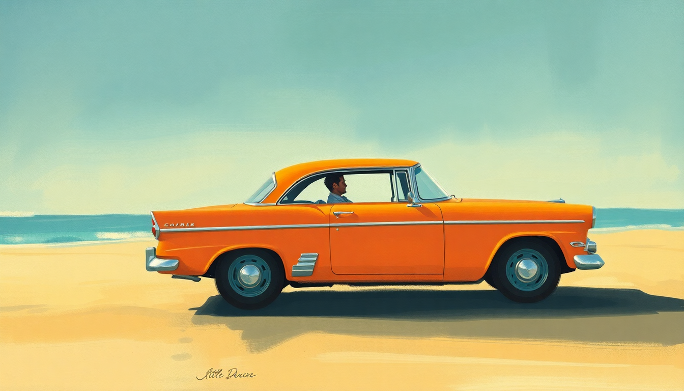 Fan-driven abstract illustration evoking the emotional arc of Little Deuce Coupe by The Beach Boys