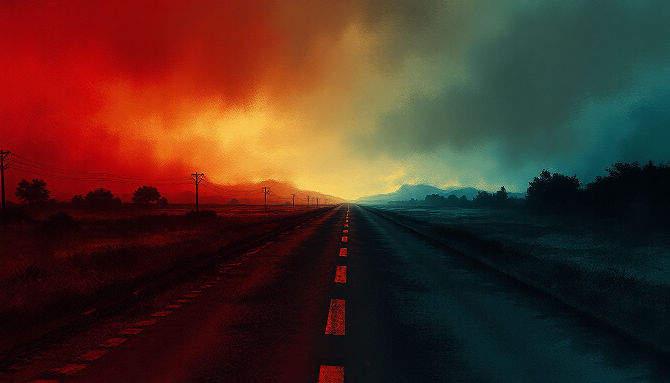 Fan-driven abstract illustration evoking the emotional arc of Long Hard Road Out of Hell by Marilyn Manson