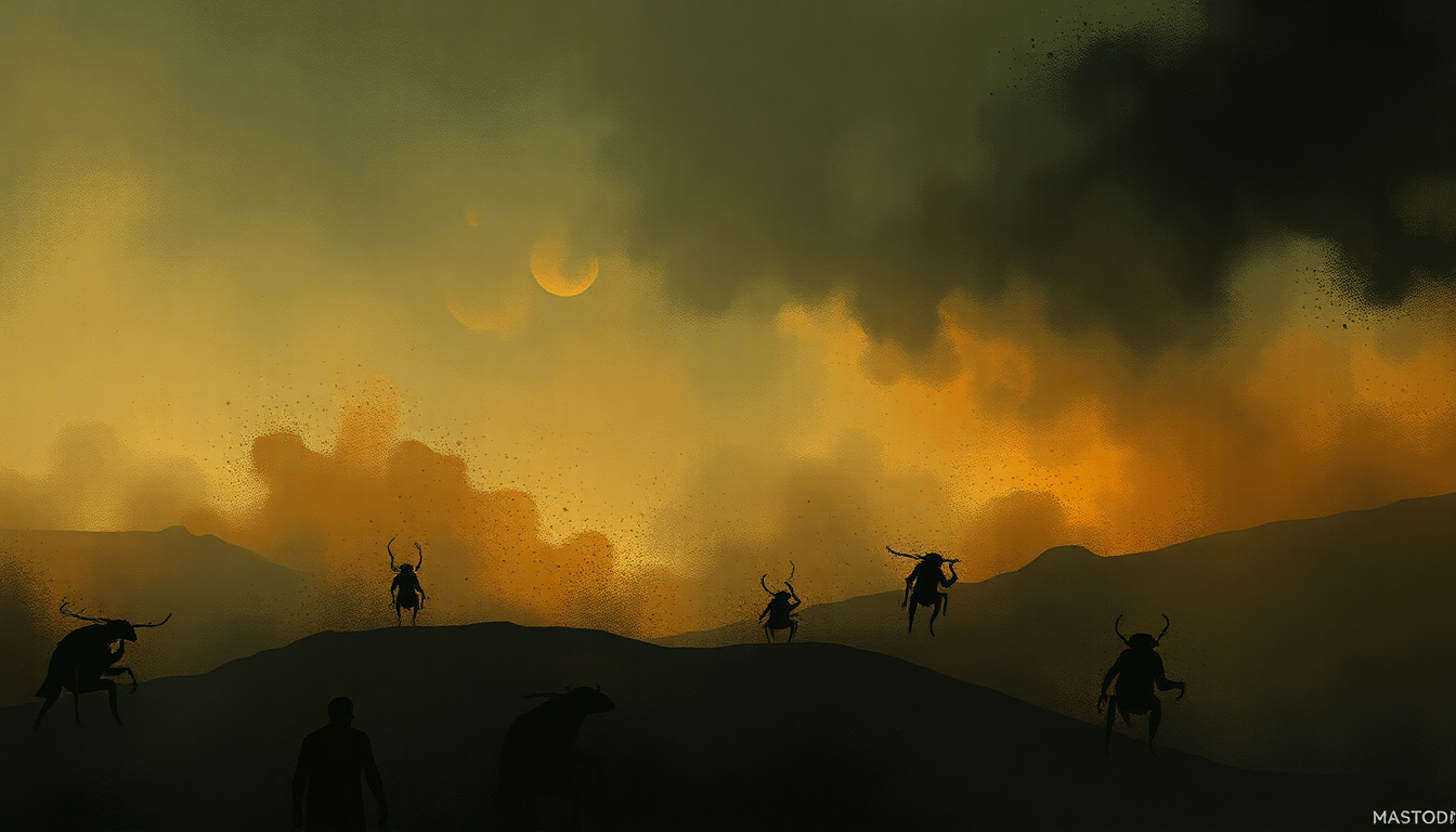 Fan-driven abstract illustration evoking the emotional arc of March of the Fire Ants by Mastodon