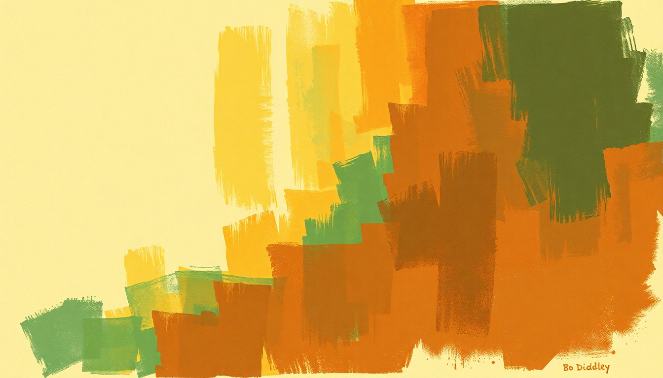 Fan-driven abstract illustration evoking the emotional arc of Mumblin' Guitar by Bo Diddley
