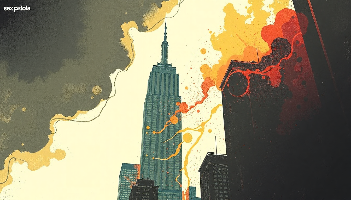Fan-driven abstract illustration evoking the emotional arc of New York by Sex Pistols