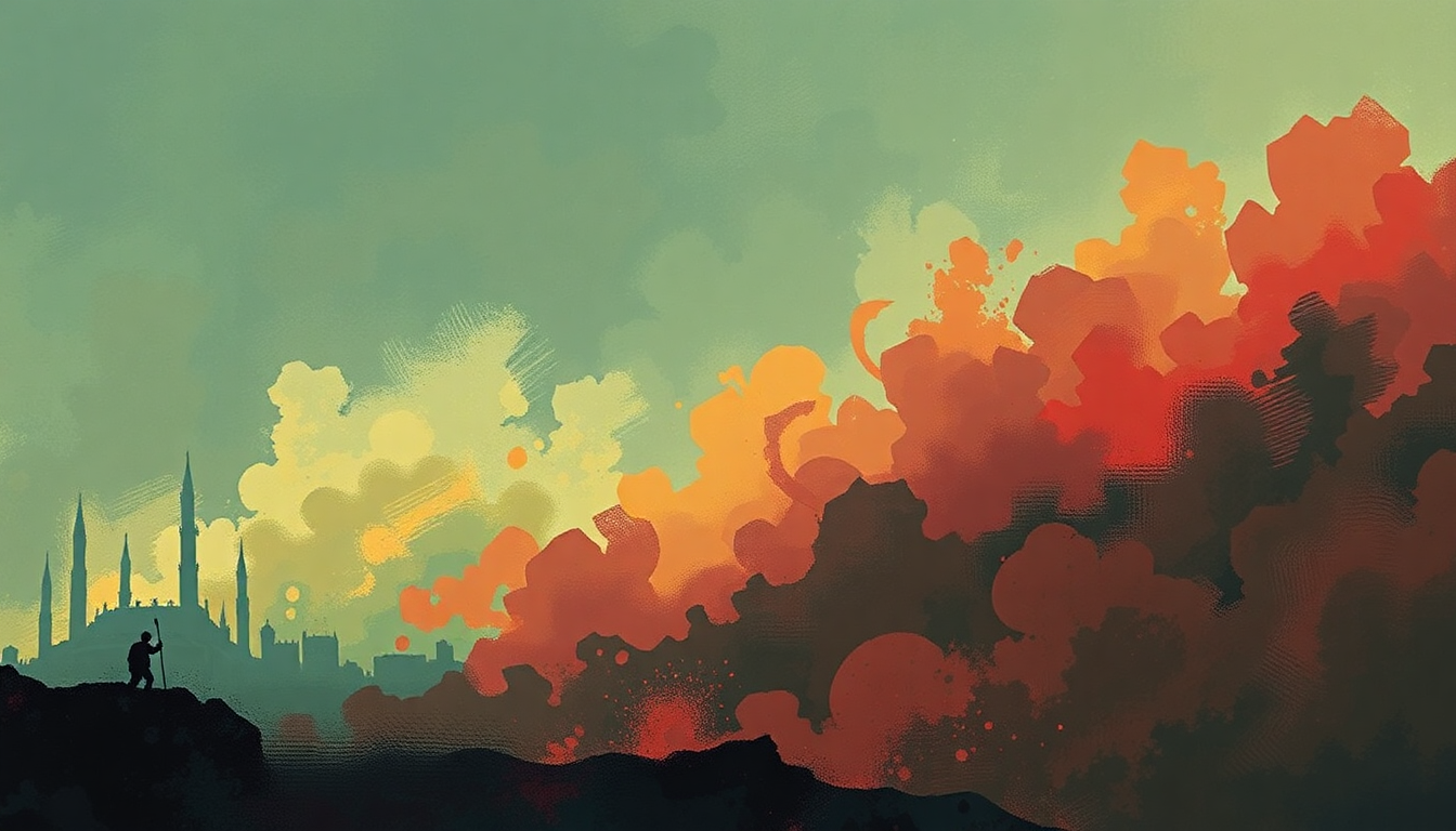 Fan-driven abstract illustration evoking the emotional arc of Ogre Battle by Queen