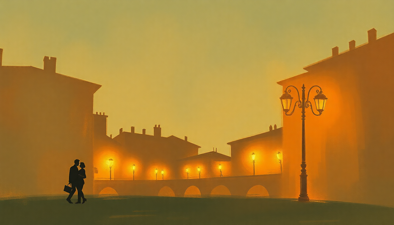 Fan-driven abstract illustration evoking the emotional arc of On an Evening in Roma (Sott'er Celo De Roma) by Dean Martin