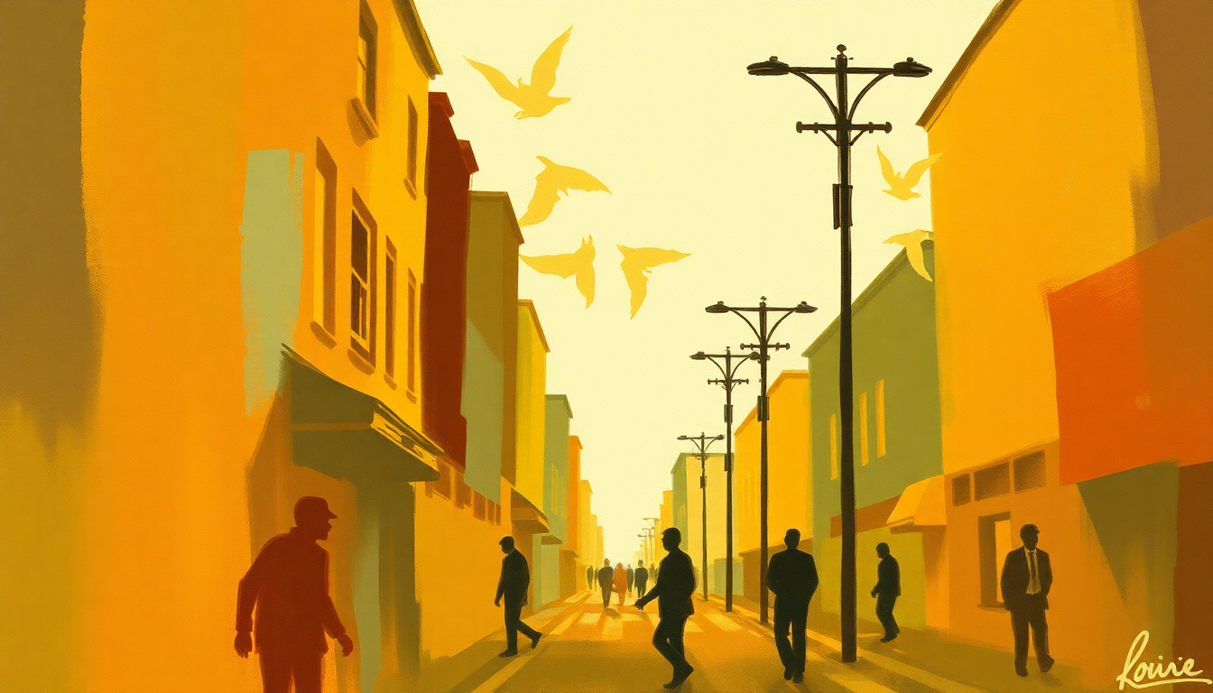 Fan-driven abstract illustration evoking the emotional arc of On the Sunny Side of the Street by Louis Armstrong