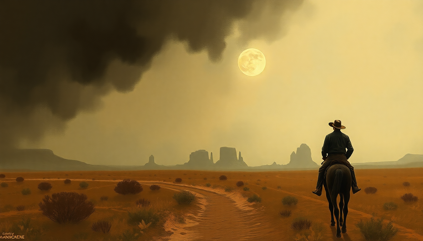 Fan-driven abstract illustration evoking the emotional arc of Once Upon a Time in the West by Ennio Morricone