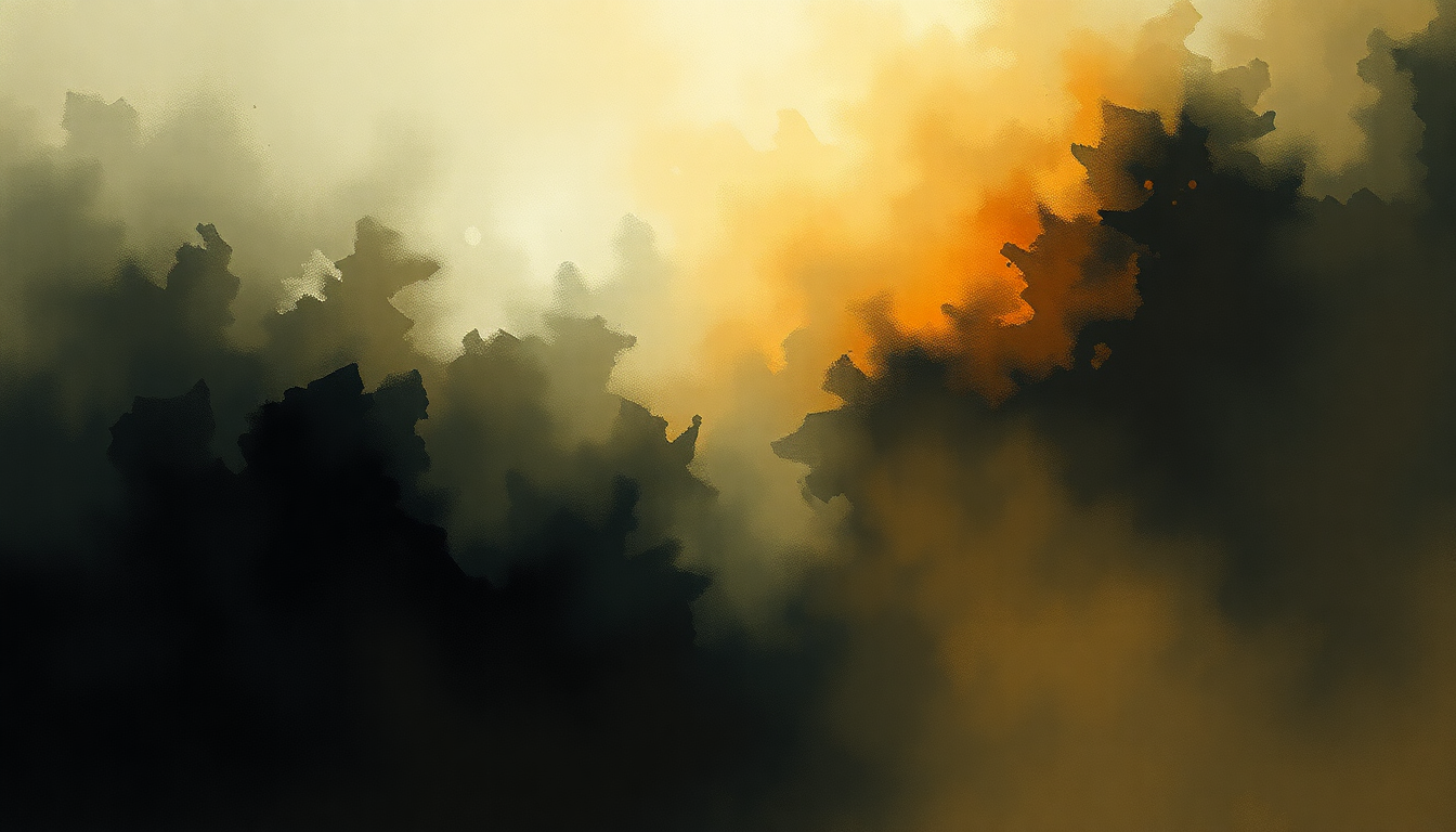 Fan-driven abstract illustration evoking the emotional arc of Passacaglia and Fugue in C Minor, BWV 582 by Johann Sebastian Bach