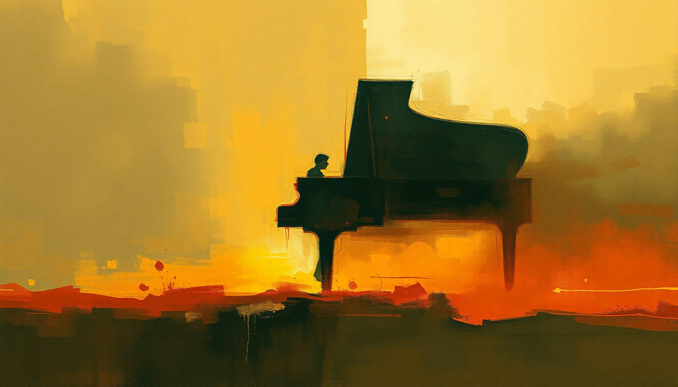 Fan-driven abstract illustration evoking the emotional arc of Piano Concerto in G Major by Maurice Ravel