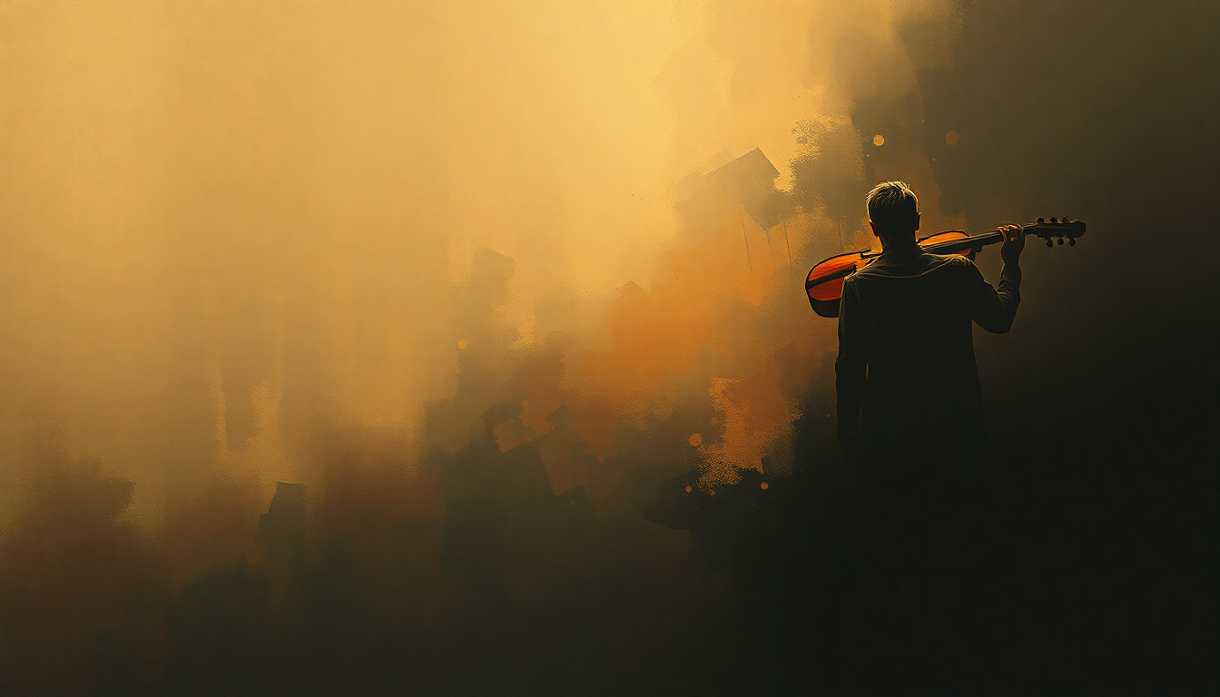 Fan-driven abstract illustration evoking the emotional arc of Piano Quintet in F Minor, Op. 34 by Johannes Brahms