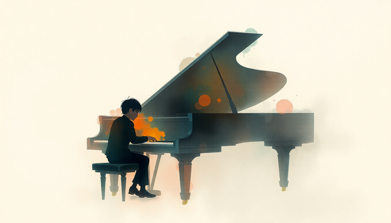Fan-driven abstract illustration evoking the emotional arc of Piano Sonata No. 16 in C major, K. 545: I. Allegro by Lang Lang